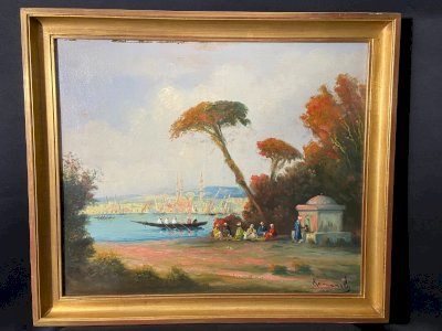 Orientalist painting 19th century Animated view of the Bosphorus & Minarets of Istanbul Romanelli