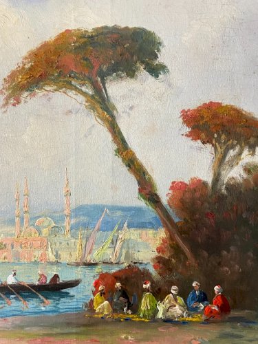 Tableau orientaliste XIXe Vue animée du Bosphore & Minarets d'Istanbul Romanelli