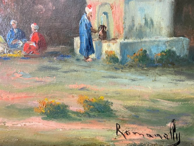 Tableau orientaliste XIXe Vue animée du Bosphore & Minarets d'Istanbul Romanelli