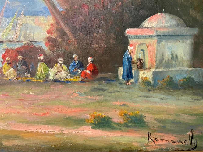 Tableau orientaliste XIXe Vue animée du Bosphore & Minarets d'Istanbul Romanelli