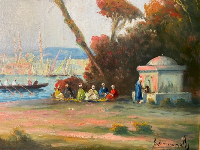 Tableau orientaliste XIXe Vue animée du Bosphore & Minarets d'Istanbul Romanelli