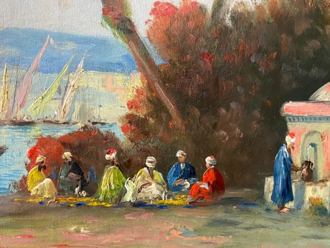 Tableau orientaliste XIXe Vue animée du Bosphore & Minarets d'Istanbul Romanelli