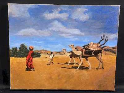 Tableau orientaliste XXe caravane de dromadaires Sahel Tchad Niger Cameroun