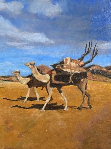 Tableau orientaliste XXe caravane de dromadaires Sahel Tchad Niger Cameroun