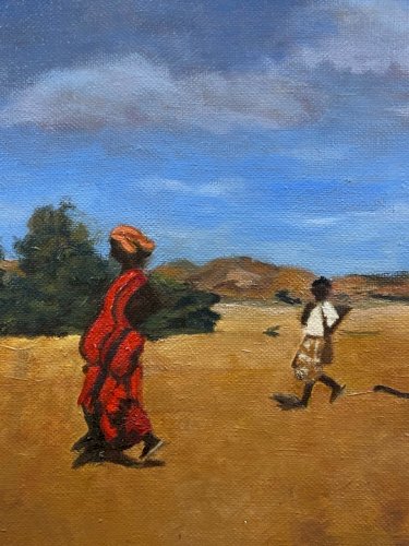 Tableau orientaliste XXe caravane de dromadaires Sahel Tchad Niger Cameroun