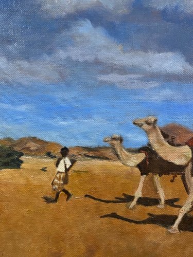 Tableau orientaliste XXe caravane de dromadaires Sahel Tchad Niger Cameroun