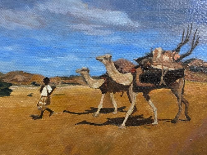 Tableau orientaliste XXe caravane de dromadaires Sahel Tchad Niger Cameroun