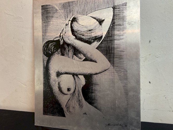 TABLEAU PANNEAU  IMPRIMÉ VINTAGE NUE FÉMININ ÉROTIQUE SIGNE .