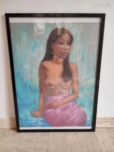 Pastel painting on cardboard depicting a seated nude Russian woman by Idrisov Damir in good condition.