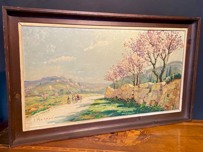 Tableau paysage vue du village des Angles Gard Avignon signé Hurard 1887-1956