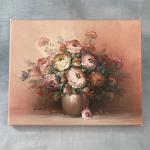 Tableau peinture à l'huile sur toile signé ROBIN bouquet de fleurs en relief