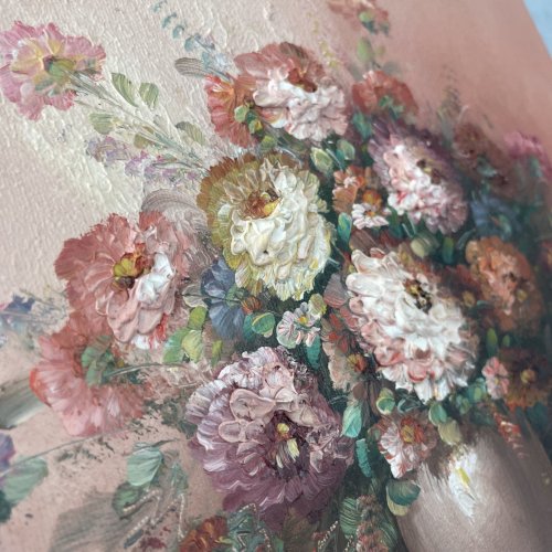 Tableau peinture à l'huile sur toile signé ROBIN bouquet de fleurs en relief