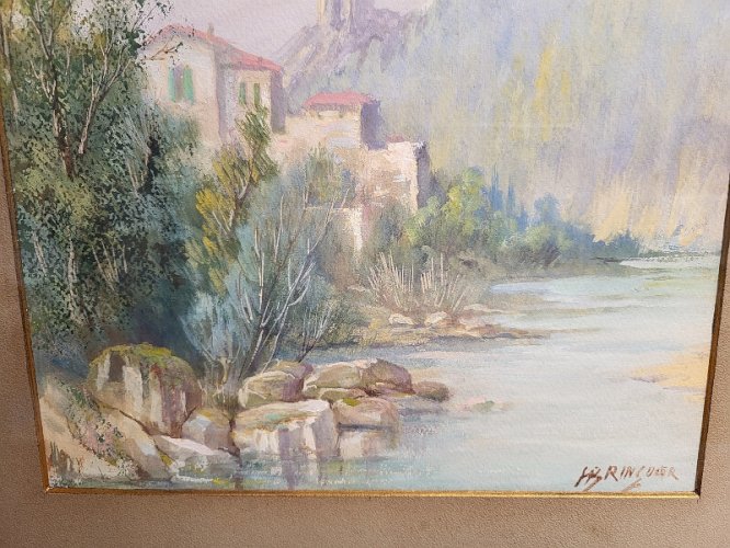 TABLEAU PEINTURE AQUARELLE CADRE DORE SIGNE BRINGUER