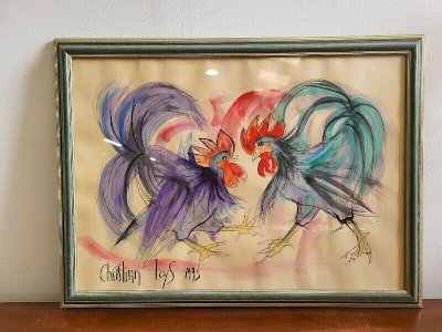 WATERCOLOUR PAINTING OF COCK FIGHT SIGNED CHRISTIAN LOYS 1993