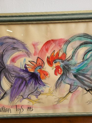 TABLEAU PEINTURE AQUARELLE COMBAT DE COQS SIGNE CHRISTIAN LOYS 1993