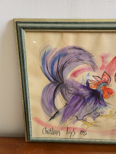 TABLEAU PEINTURE AQUARELLE COMBAT DE COQS SIGNE CHRISTIAN LOYS 1993
