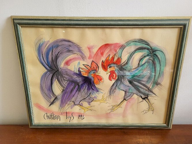 TABLEAU PEINTURE AQUARELLE COMBAT DE COQS SIGNE CHRISTIAN LOYS 1993