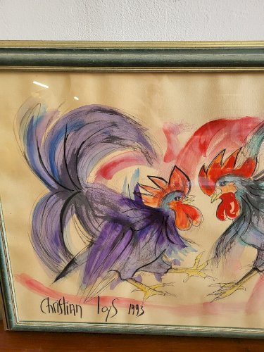 TABLEAU PEINTURE AQUARELLE COMBAT DE COQS SIGNE CHRISTIAN LOYS 1993