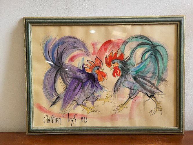 TABLEAU PEINTURE AQUARELLE COMBAT DE COQS SIGNE CHRISTIAN LOYS 1993