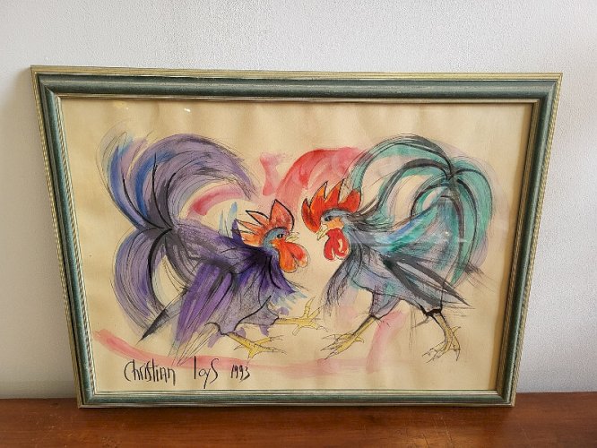 TABLEAU PEINTURE AQUARELLE COMBAT DE COQS SIGNE CHRISTIAN LOYS 1993