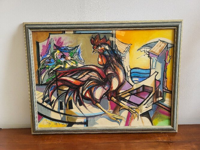 TABLEAU PEINTURE AQUARELLE DE COQ SIGNE CHRISTIAN LOYS 1993