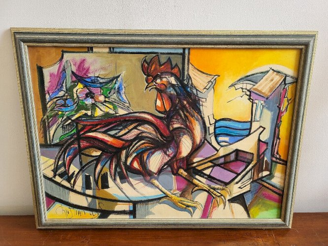 TABLEAU PEINTURE AQUARELLE DE COQ SIGNE CHRISTIAN LOYS 1993