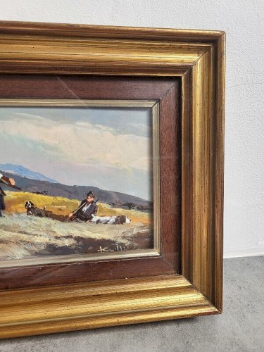 TABLEAU PEINTURE CADRE SCENE DE CHASSE 2 CHASSEURS AVEC 3 CHIENS SIGNE