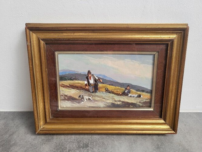 TABLEAU PEINTURE CADRE SCENE DE CHASSE 2 CHASSEURS AVEC 3 CHIENS SIGNE