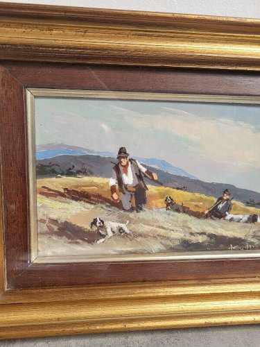 TABLEAU PEINTURE CADRE SCENE DE CHASSE 2 CHASSEURS AVEC 3 CHIENS SIGNE
