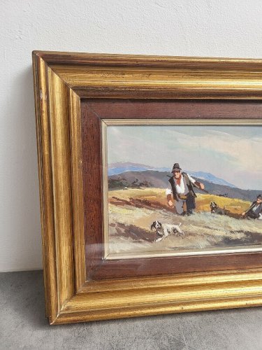 TABLEAU PEINTURE CADRE SCENE DE CHASSE 2 CHASSEURS AVEC 3 CHIENS SIGNE