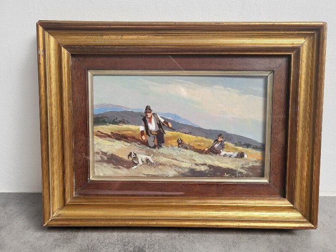 TABLEAU PEINTURE CADRE SCENE DE CHASSE 2 CHASSEURS AVEC 3 CHIENS SIGNE