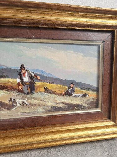 TABLEAU PEINTURE CADRE SCENE DE CHASSE 2 CHASSEURS AVEC 3 CHIENS SIGNE