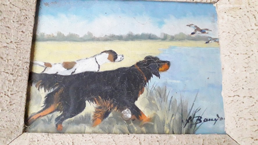 Tableau peinture chien signé Baudoin