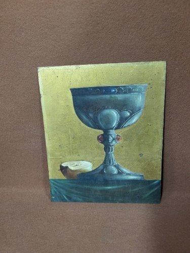 TABLEAU PEINTURE D'UN CALICE SUR CUIVRE SIGNE "MM"