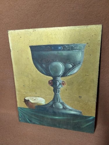 TABLEAU PEINTURE D'UN CALICE SUR CUIVRE SIGNE "MM"