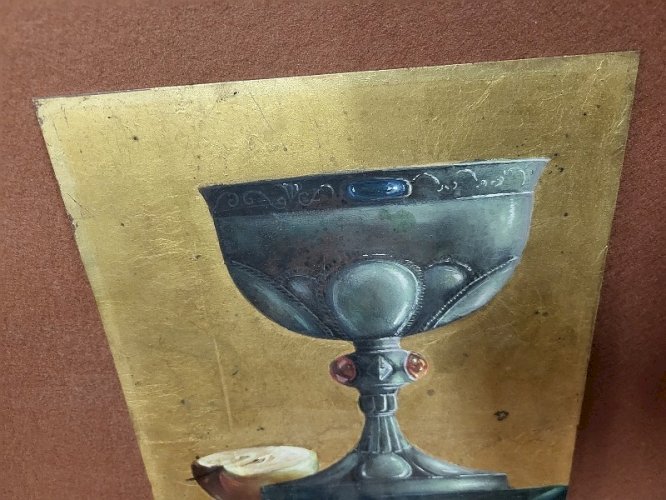 TABLEAU PEINTURE D'UN CALICE SUR CUIVRE SIGNE "MM"
