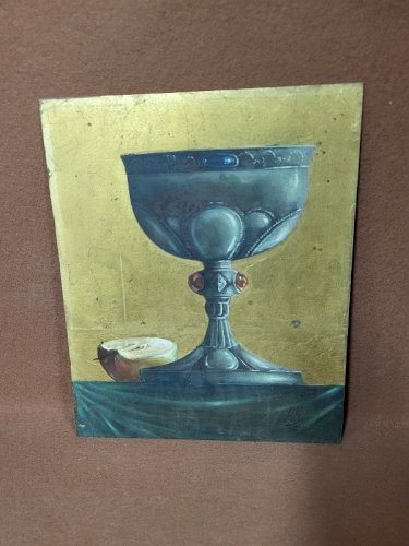 TABLEAU PEINTURE D'UN CALICE SUR CUIVRE SIGNE "MM"