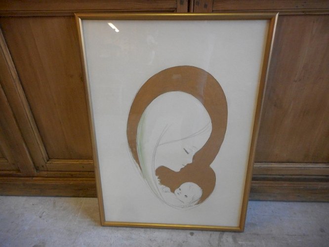 TABLEAU PEINTURE ET DESSIN SUR PAPIER SIGNE VIERGE A L'ENFANT
