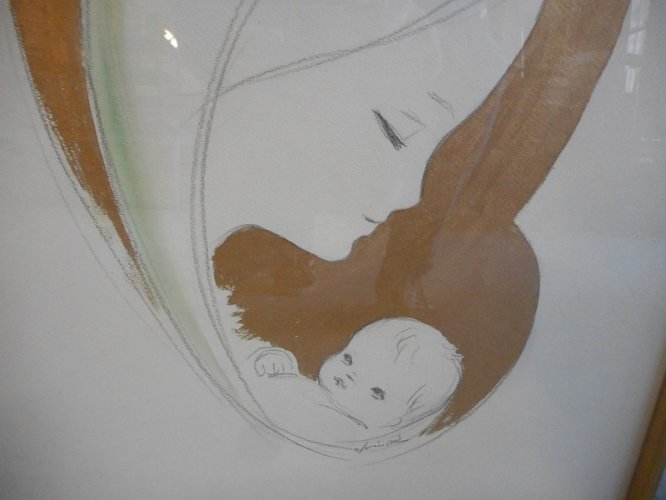 TABLEAU PEINTURE ET DESSIN SUR PAPIER SIGNE VIERGE A L'ENFANT