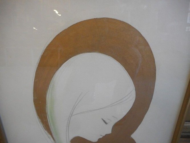 TABLEAU PEINTURE ET DESSIN SUR PAPIER SIGNE VIERGE A L'ENFANT