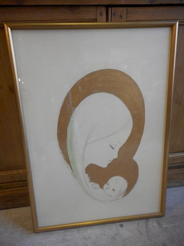 TABLEAU PEINTURE ET DESSIN SUR PAPIER SIGNE VIERGE A L'ENFANT