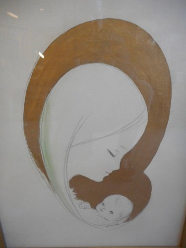 TABLEAU PEINTURE ET DESSIN SUR PAPIER SIGNE VIERGE A L'ENFANT