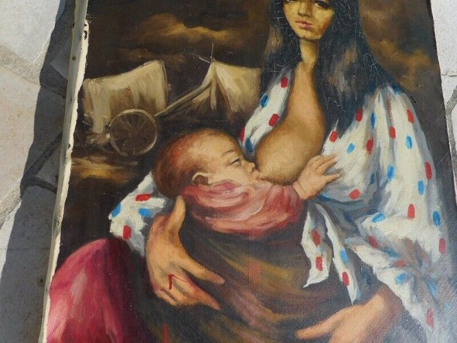 TABLEAU PEINTURE FEMME A L'ENFANT QUI DONNE LE SEIN SIGNE M BARTIER