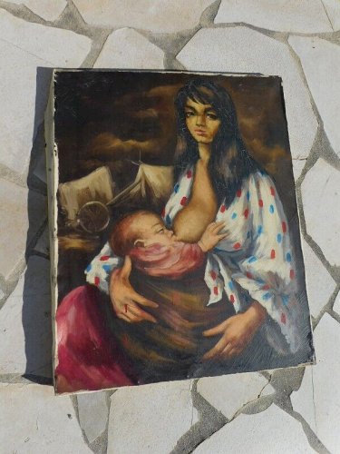 TABLEAU PEINTURE FEMME A L'ENFANT QUI DONNE LE SEIN SIGNE M BARTIER