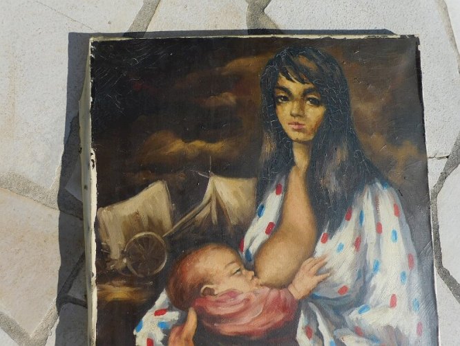 TABLEAU PEINTURE FEMME A L'ENFANT QUI DONNE LE SEIN SIGNE M BARTIER