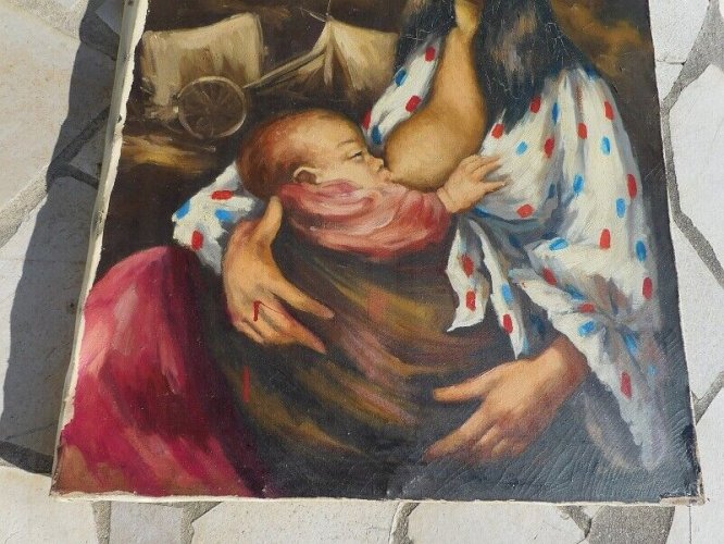 TABLEAU PEINTURE FEMME A L'ENFANT QUI DONNE LE SEIN SIGNE M BARTIER
