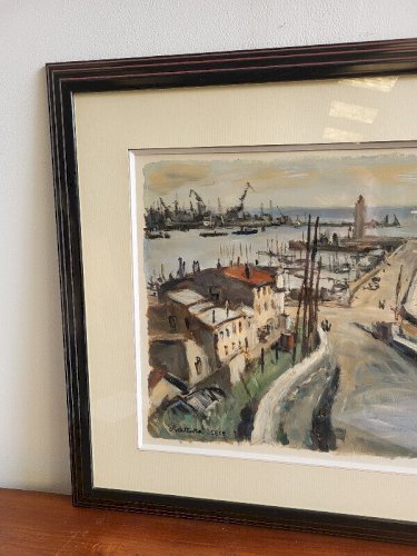 TABLEAU PEINTURE GOUACHE SUR PAPIER ERIC BATTISTA PORT DE SETE N° 2