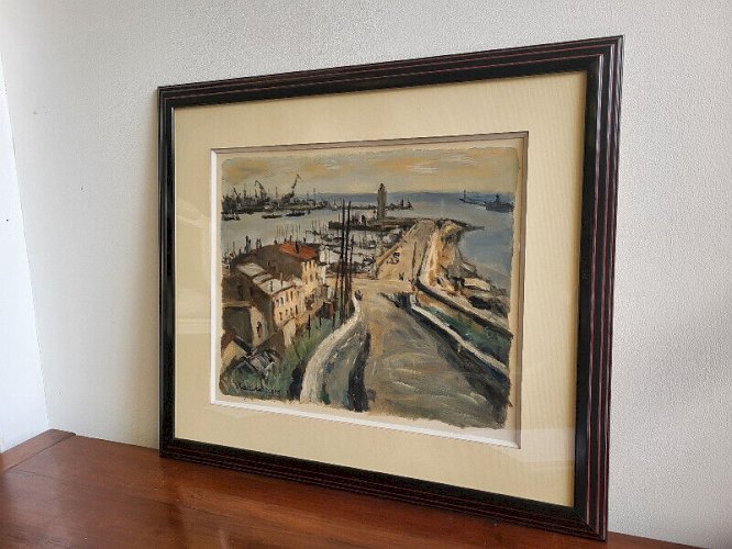 TABLEAU PEINTURE GOUACHE SUR PAPIER ERIC BATTISTA PORT DE SETE N° 2