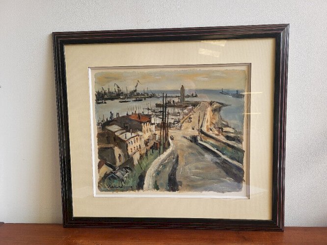 TABLEAU PEINTURE GOUACHE SUR PAPIER ERIC BATTISTA PORT DE SETE N° 2