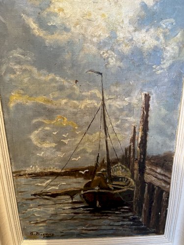 Tableau Peinture huile scène portuaire Marine Sur carton  B Bignon ?